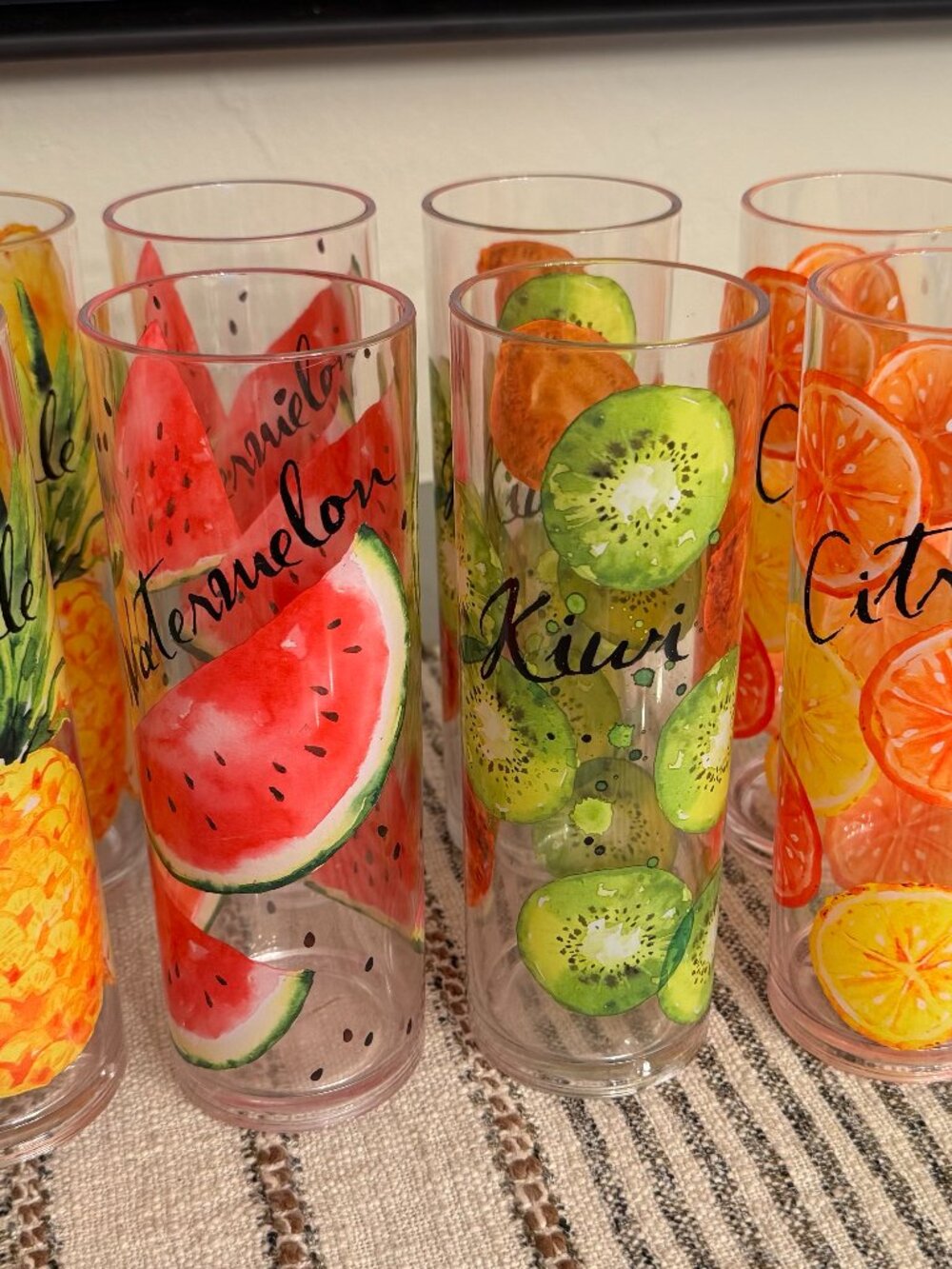 Vintage fruit-themed highball acrylic tumblers featuring vibrant painted fruit